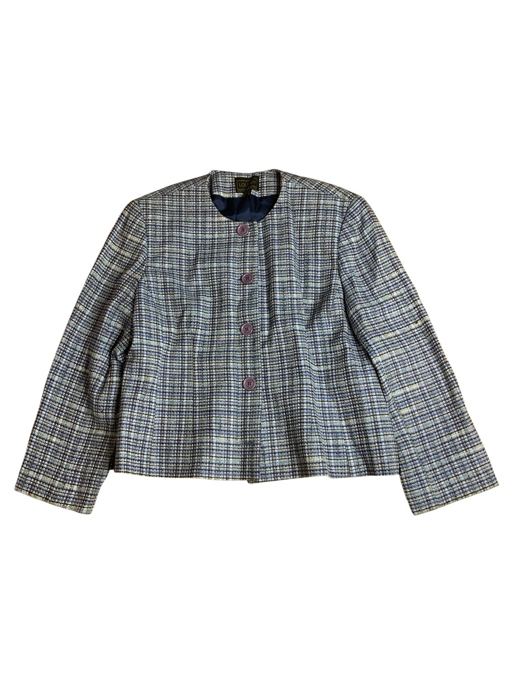 Vintage LOUBEN Blue Plaid Tweed Blazer Jacket - Made in Canada - Size 14